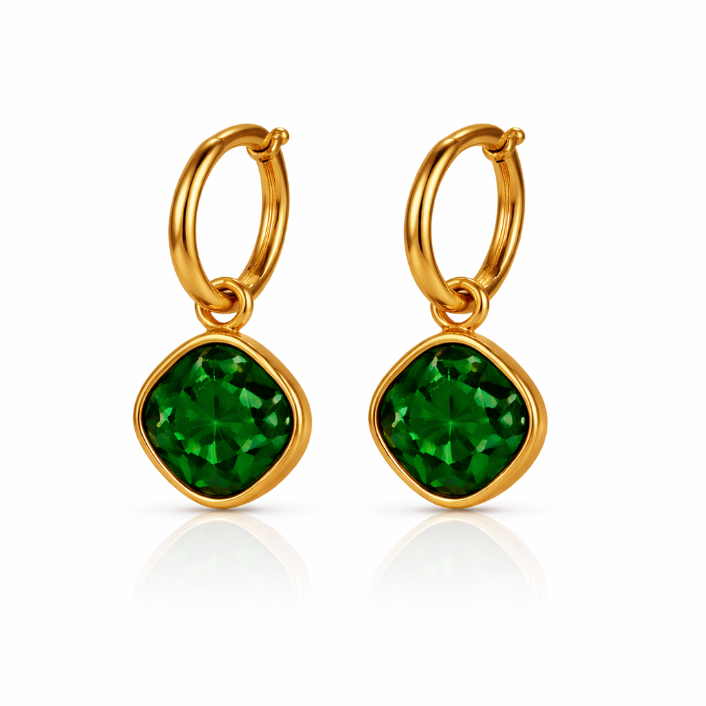 Gold Emerald Drop Hoop Earrings