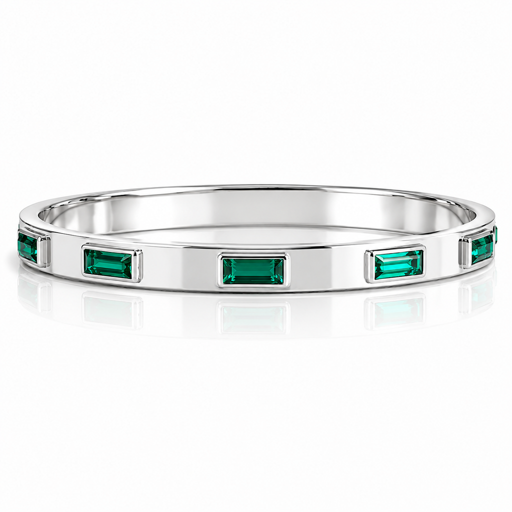 Silver Emerald Baguette Crystal Bangle