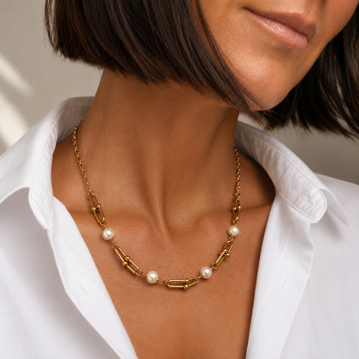 Sunkis Monaco Gold Pearl Link Chain Necklace Waterproof