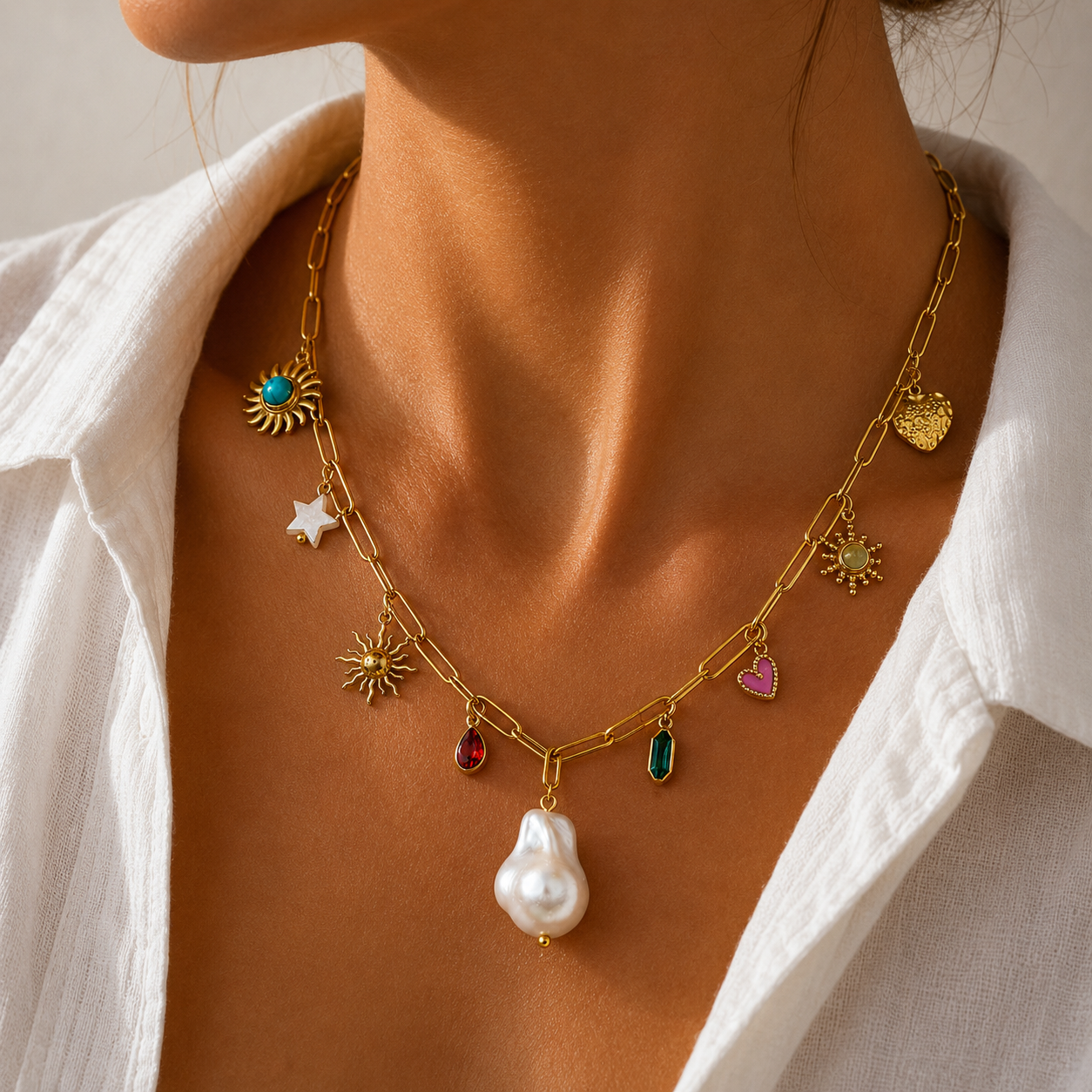 Sunkis Calypso Gold Charm Link Chain Necklace Waterproof