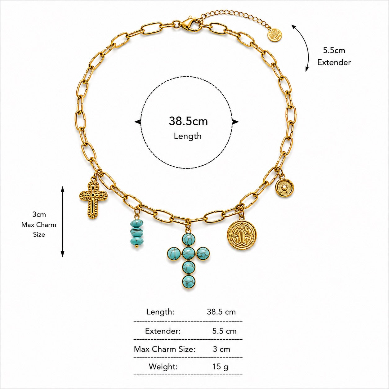 Sunkis Cielo Gold Cross Charm Link Chain Necklace Waterproof