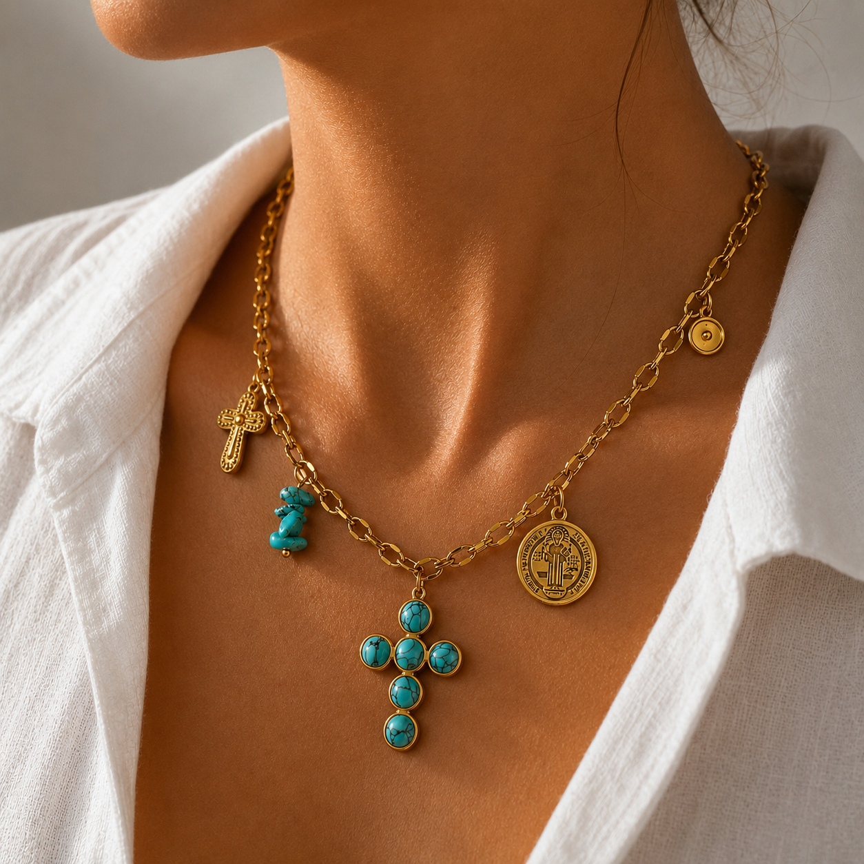 Sunkis Cielo Gold Cross Charm Link Chain Necklace Waterproof