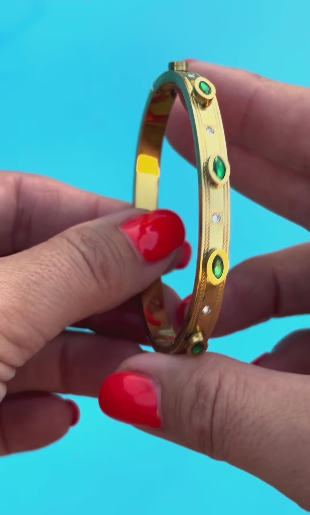 Gold Emerald Evil Eye Crystal Bangle