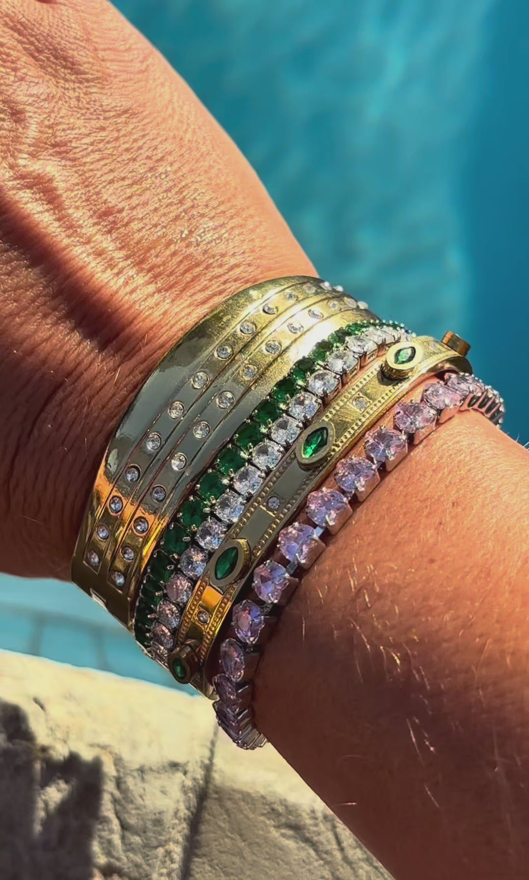 Gold Emerald Evil Eye Crystal Bangle